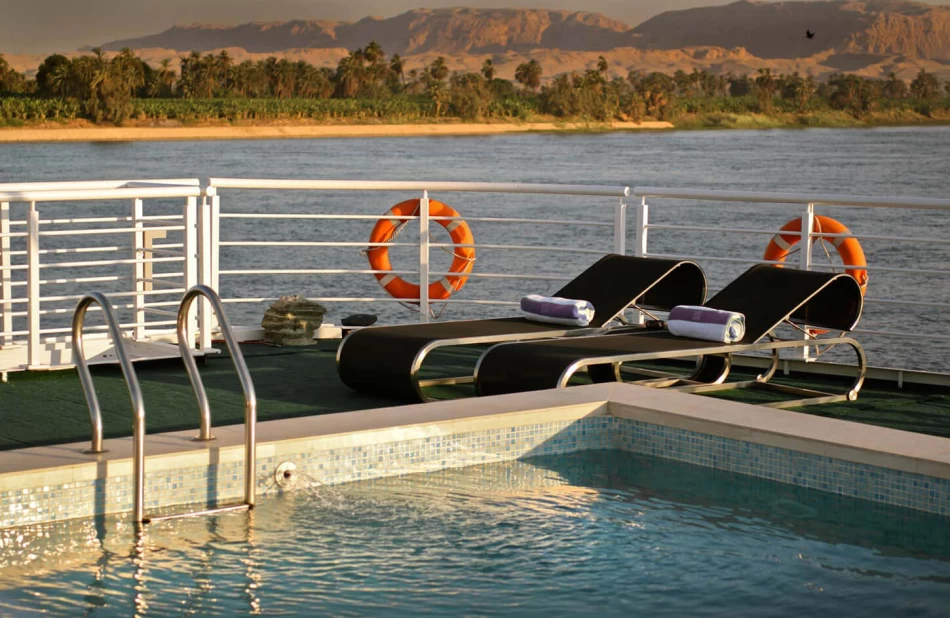MS Le Fayan Nile cruise includes modern sun deck, pool, large lounges, bar, and gym
