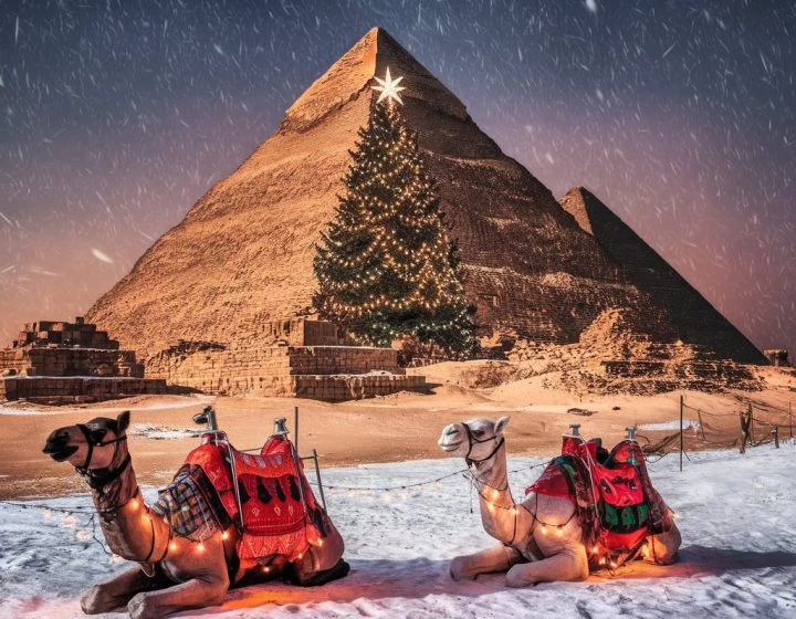Pyramids of Giza on Christmas Eve with Decorations