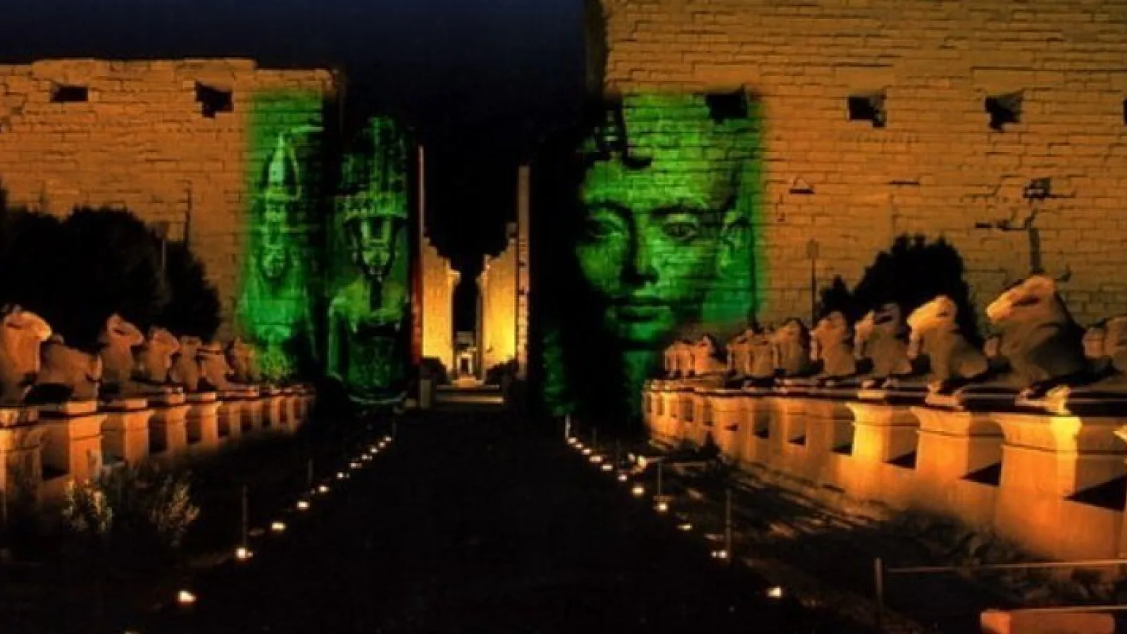 Tall obelisks of Karnak Temple illuminated during the Sound and Light Karnak Show in Luxor