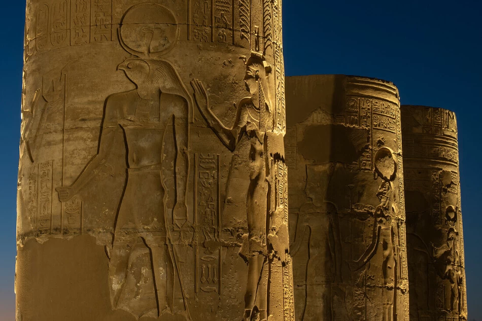 Ancient Egyptian column with hieroglyphics at Kom Ombo Temple