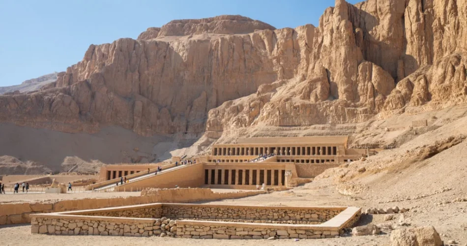 Panoramic view of the West Bank of Luxor with desert hills and ancient temples