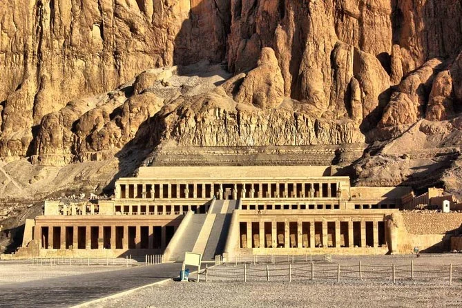 Panoramic view of Hatshepsut Temple built into the cliffs at Deir el-Bahari