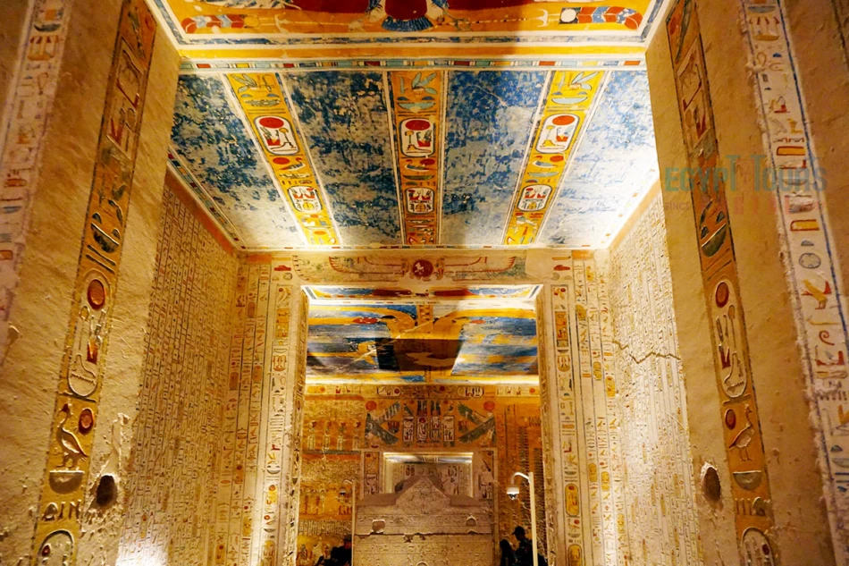 Hieroglyphs and gods carved on tomb walls in the Valley of the Kings