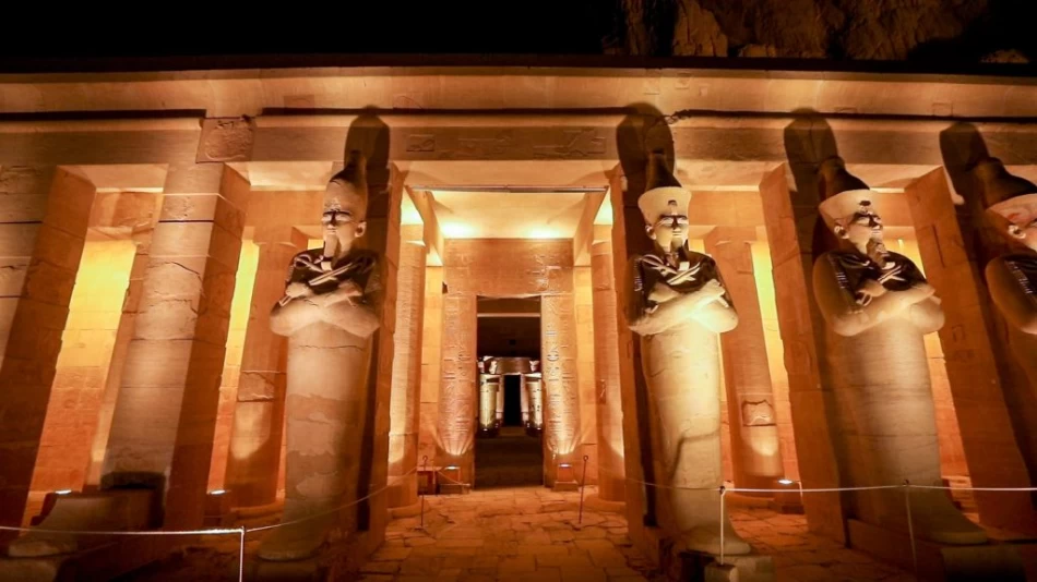 Night view of the Temple of Hatshepsut glowing under spotlights