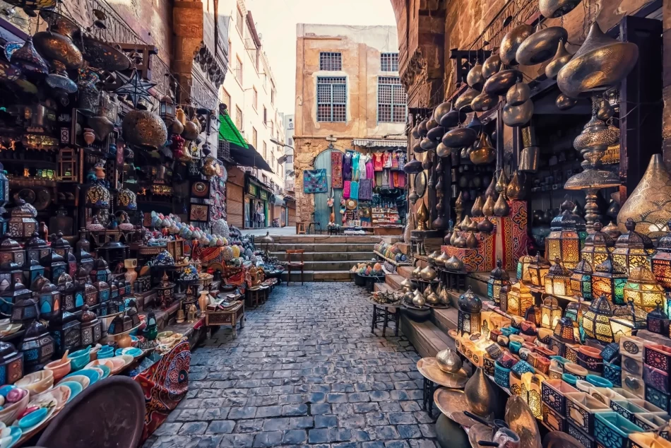 Bustling Khan El Khalili market in Cairo with vibrant shops and shoppers