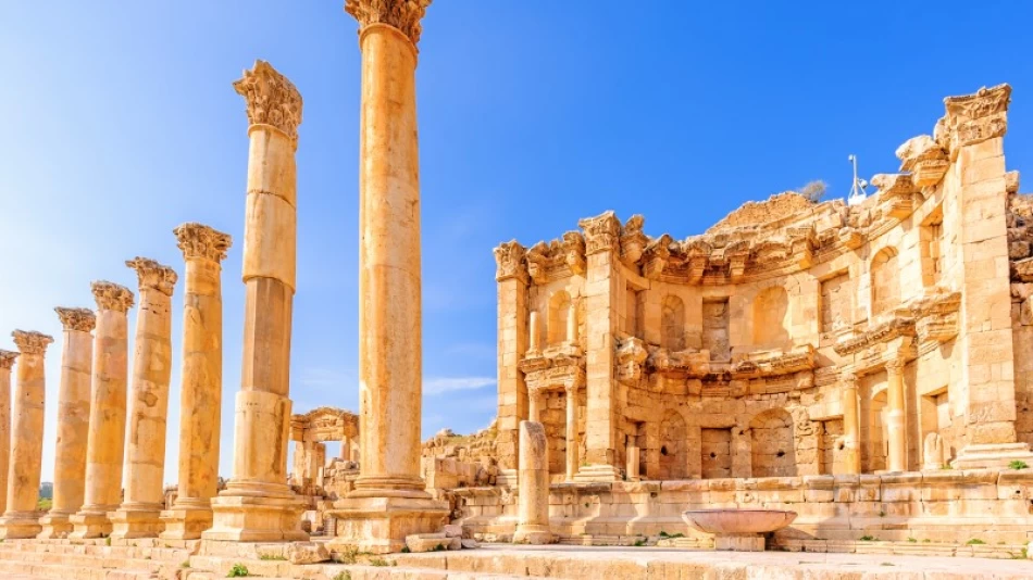Tall Roman columns in Jerash, Jordan, showcasing the city’s ancient ruins