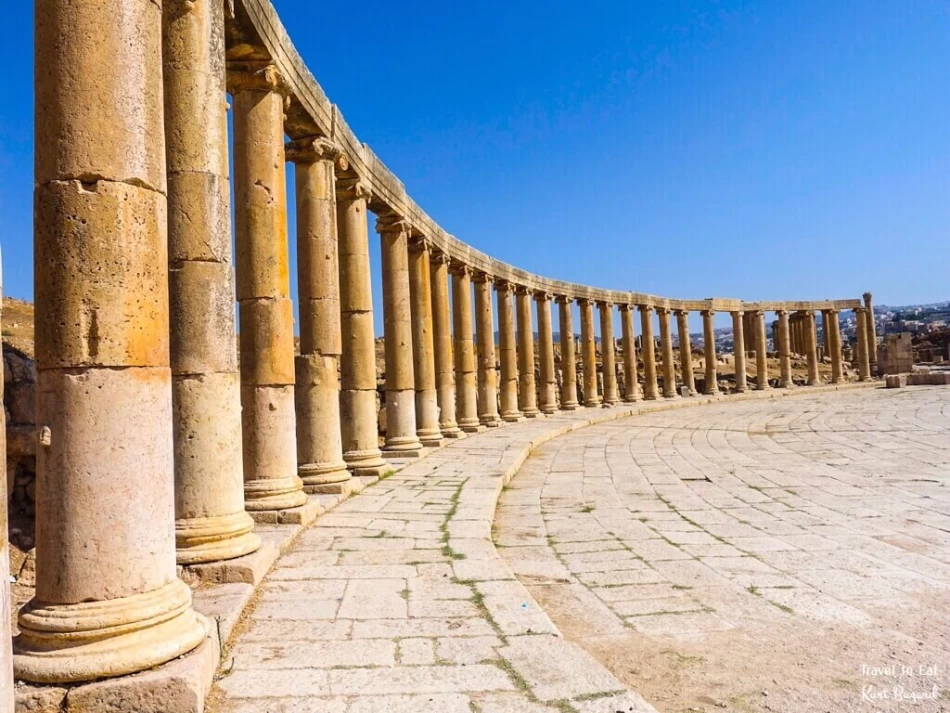 The Oval Plaza in Jerash, Jordan, featuring ancient Roman columns and ruins