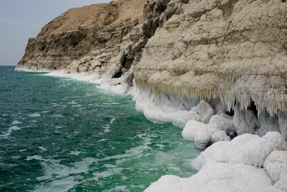 View of the Dead Sea in Jordan, famous for its high salt content and floating experience