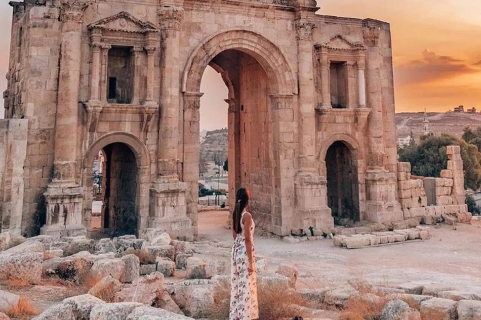 The Arch of Hadrian in Jerash, Jordan, showcasing ancient Roman architecture and stone carvings