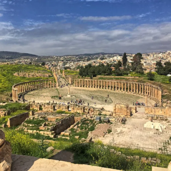 Panoramic view of the Oval Plaza in Jerash, Jordan.