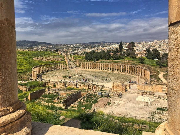 Panoramic view of the Oval Plaza in Jerash, Jordan.