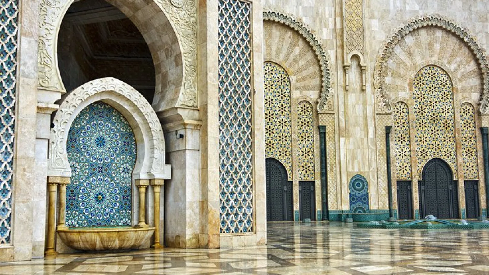 Close-up view of the Hassan II Mosque interior in Casablanca, Morocco
