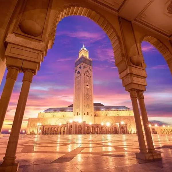 Purple sunset sky over Casablanca with historic and modern architecture