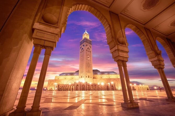 Purple sunset sky over Casablanca with historic and modern architecture