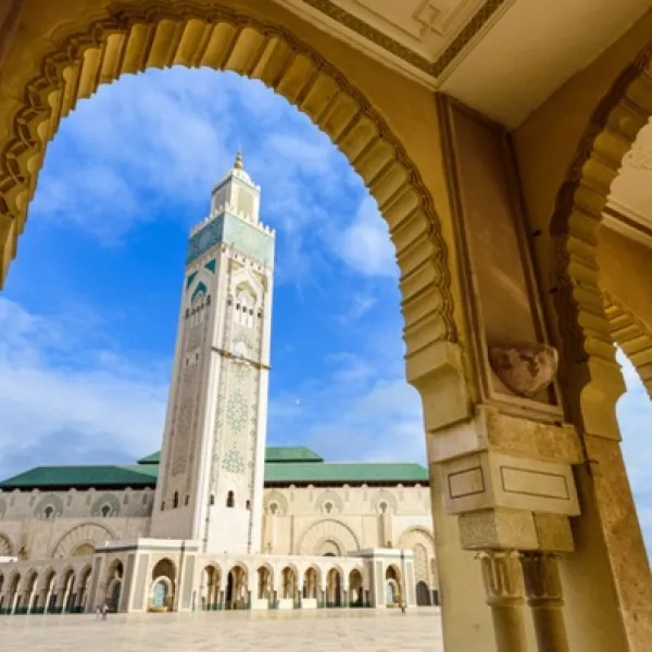 Close-up of the Hassan II Mosque minaret, the tallest in Morocco