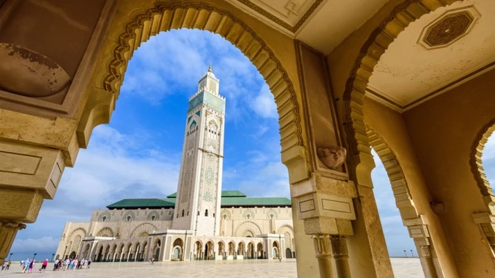 Close-up of the Hassan II Mosque minaret, the tallest in Morocco
