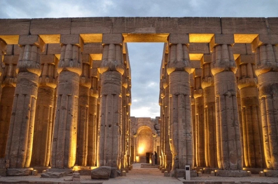 Luxor Temple glowing softly in the Egypt Solar Eclipse sky