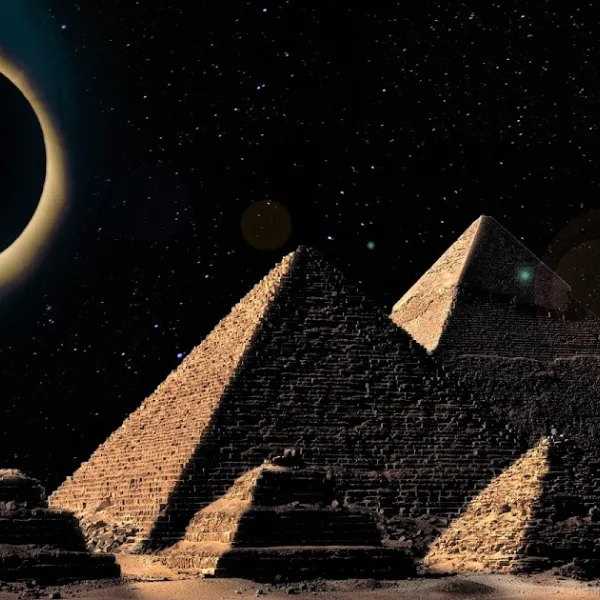 Total solar eclipse above the pyramids of Giza, with the darkened sun creating a dramatic silhouette