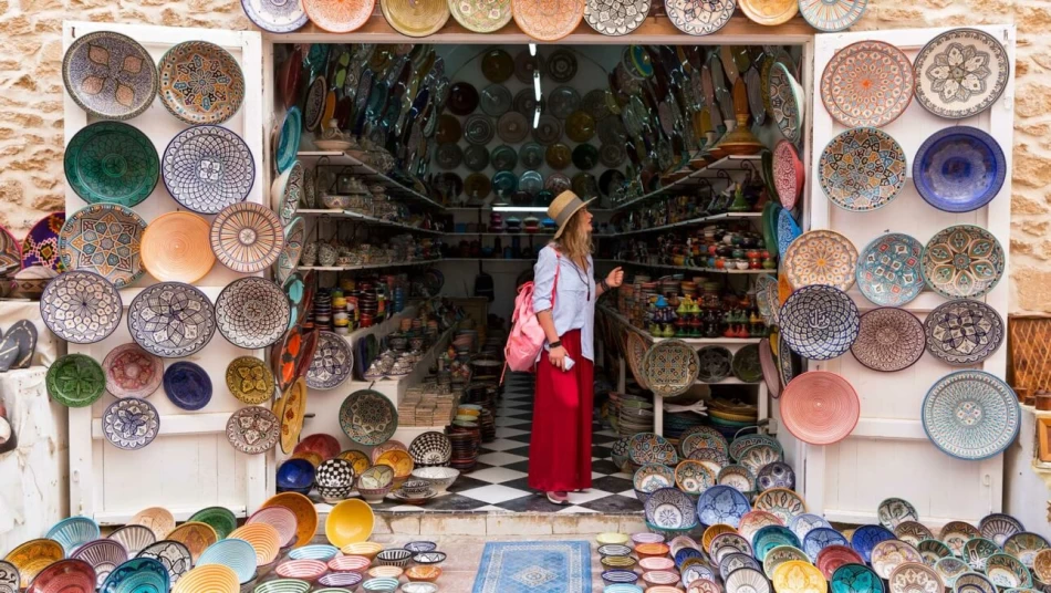 Vibrant Moroccan souks with colorful spices, textiles, and handicrafts