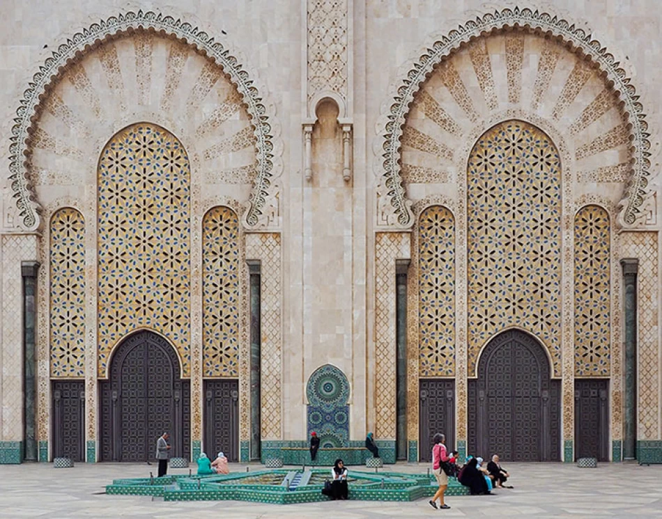 Exterior view of Hassan II Mosque in Casablanca, Morocco, overlooking the Atlantic Ocean