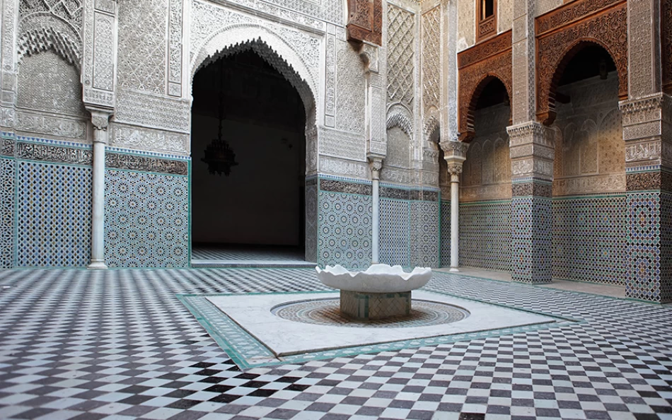 Intricate architecture of Bou Inania Madrasa in Fez, Morocco