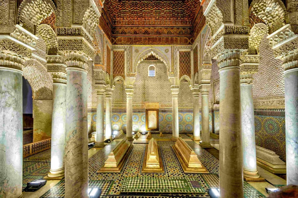 Interior of the Saadian Tombs in Marrakech showing ornate marble tombs