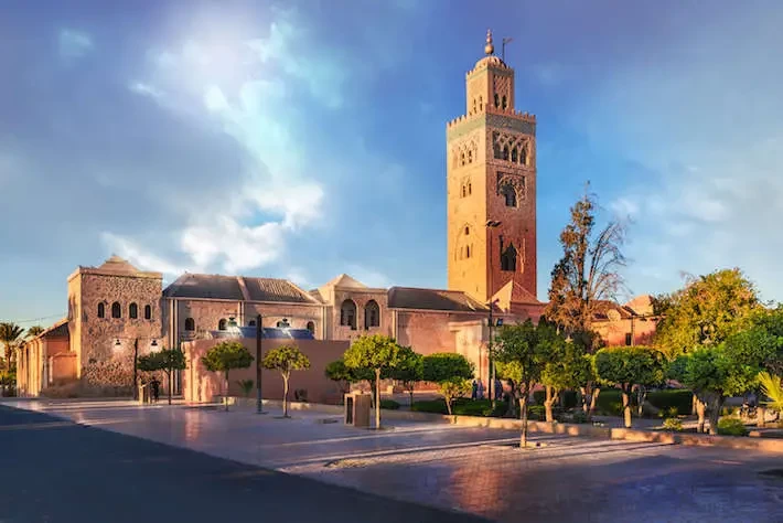 Koutoubia Mosque in Marrakech with its iconic minaret and surrounding gardens