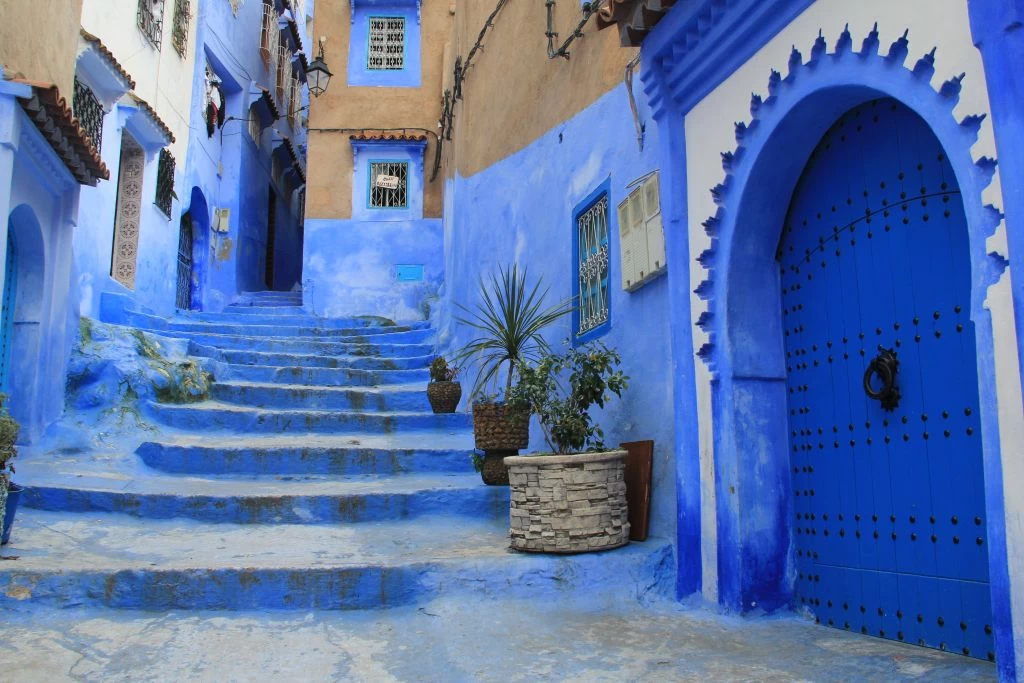 Scenic view of Chefchaouen, Morocco, showing its famous blue-painted streets