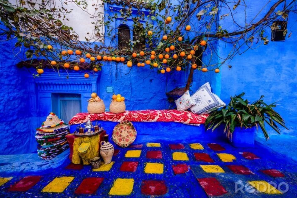View of the iconic blue-painted streets and buildings in Chefchaouen, Morocco