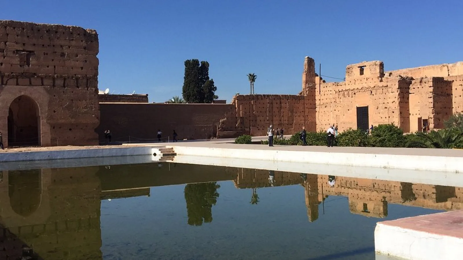 Outside courtyard area of the Saadian Tombs in Marrakech with classic Moroccan detailing