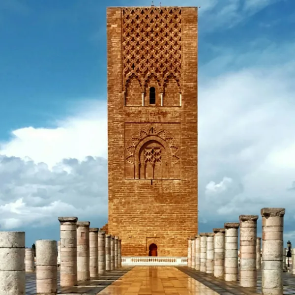 View of Hassan Tower, a historic minaret in Rabat, Morocco