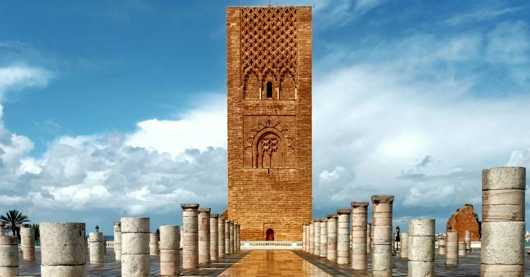 View of Hassan Tower, a historic minaret in Rabat, Morocco