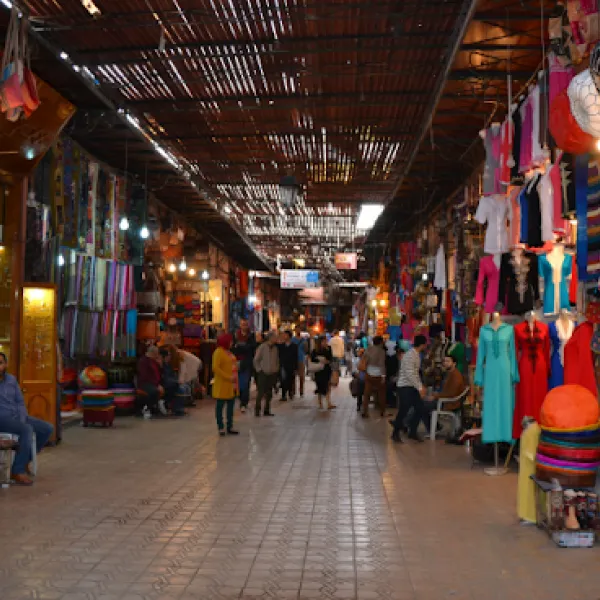 Historic Souk Semmarine in Marrakech with traditional crafts and bustling market stalls