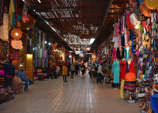 Historic Souk Semmarine in Marrakech with traditional crafts and bustling market stalls