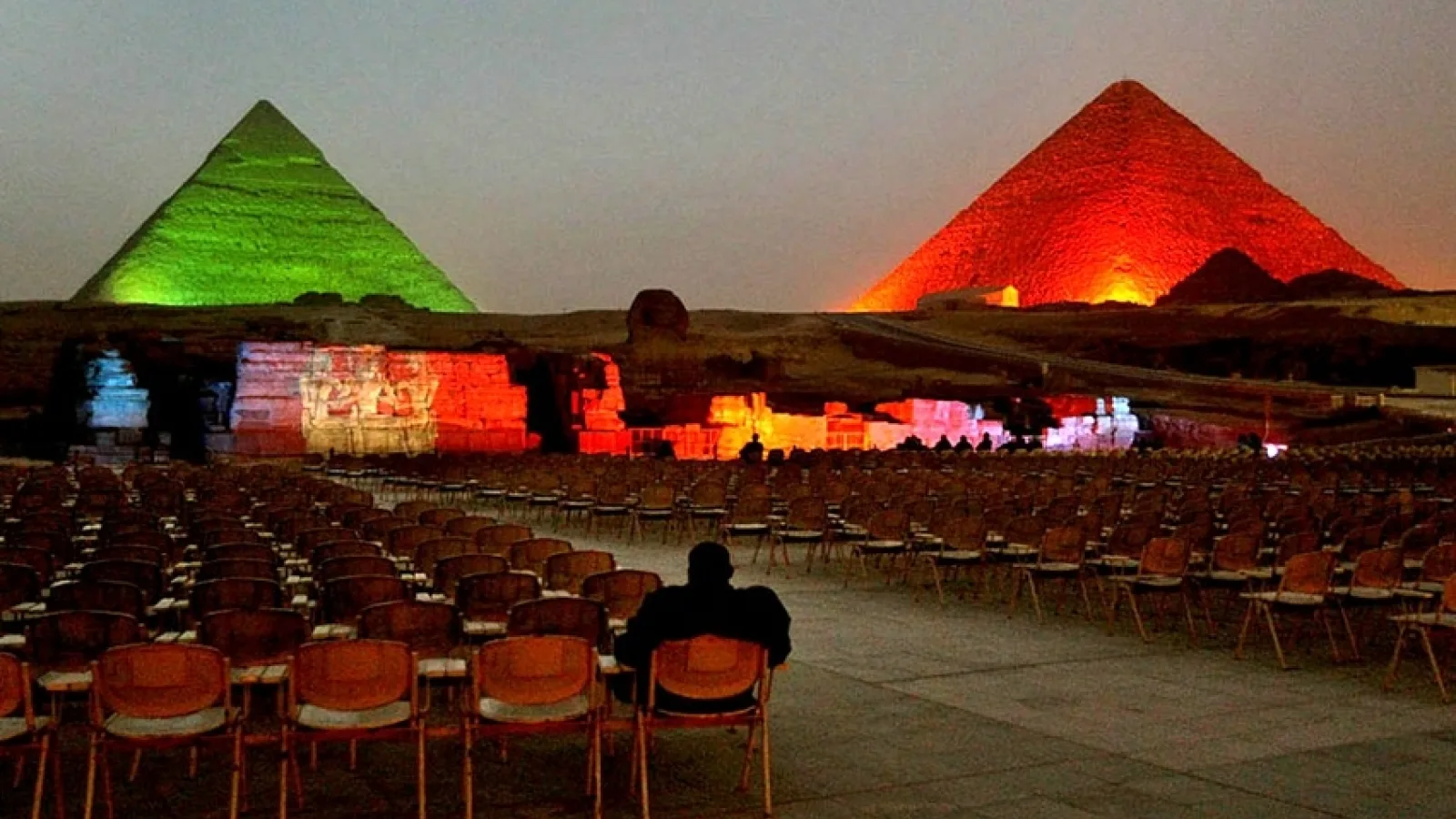 The Pyramids of Giza illuminated at night during the sound and light show