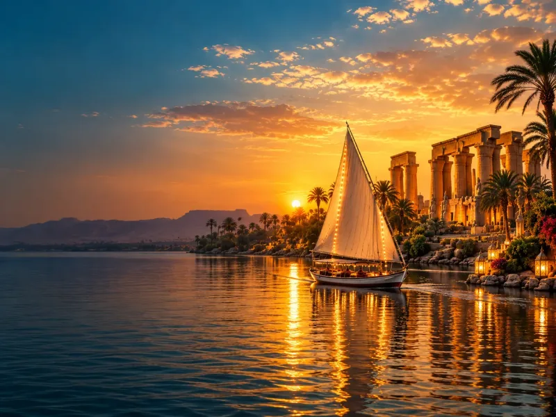 Christmas in Egypt with a sunset felucca sailing the Nile beside ancient temples